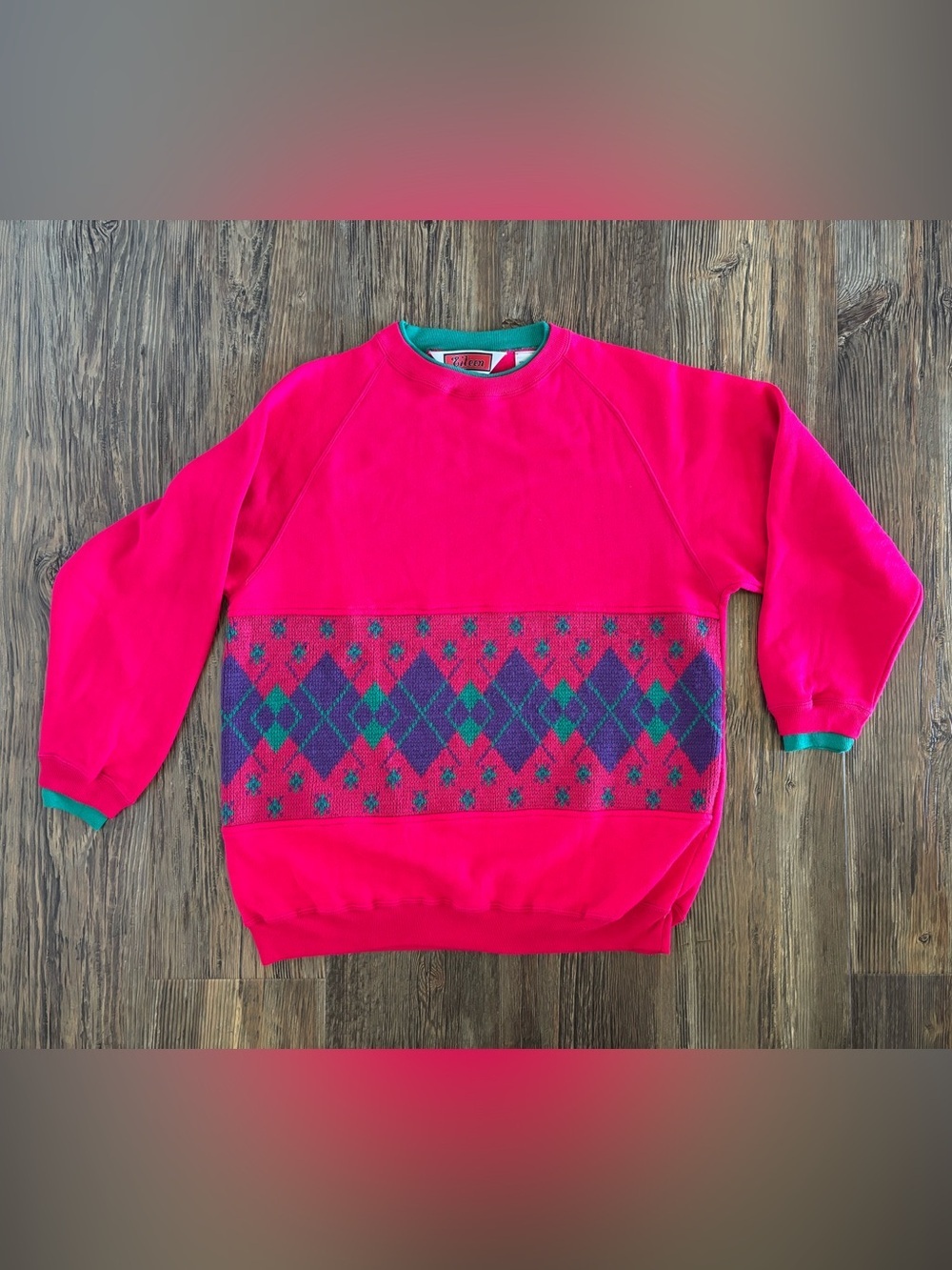 Vtg Eileen Argyle Knit Panel Mock Neck Sweatshirt Large Pink Green Purple 80s